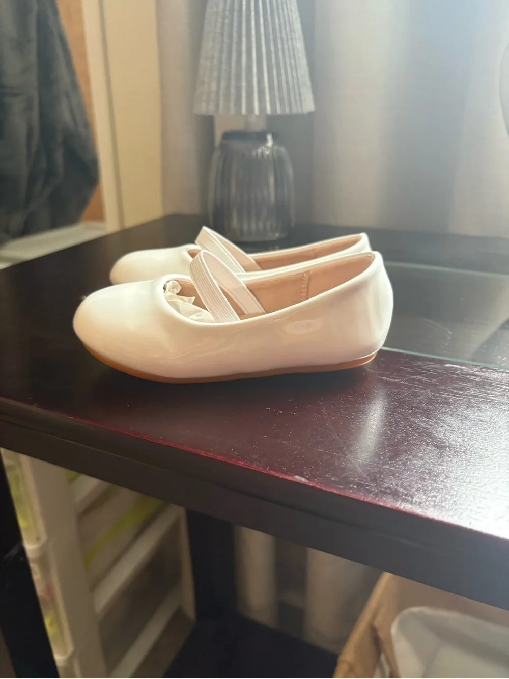 Girls' Patent Ballet Flats with Elastic Strap - white